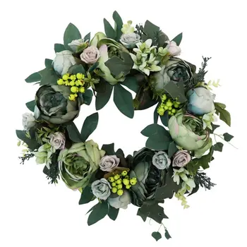 

Artificial Peony Flower Wreath Handmade Simulated Green Leaves Wedding Garland E15E