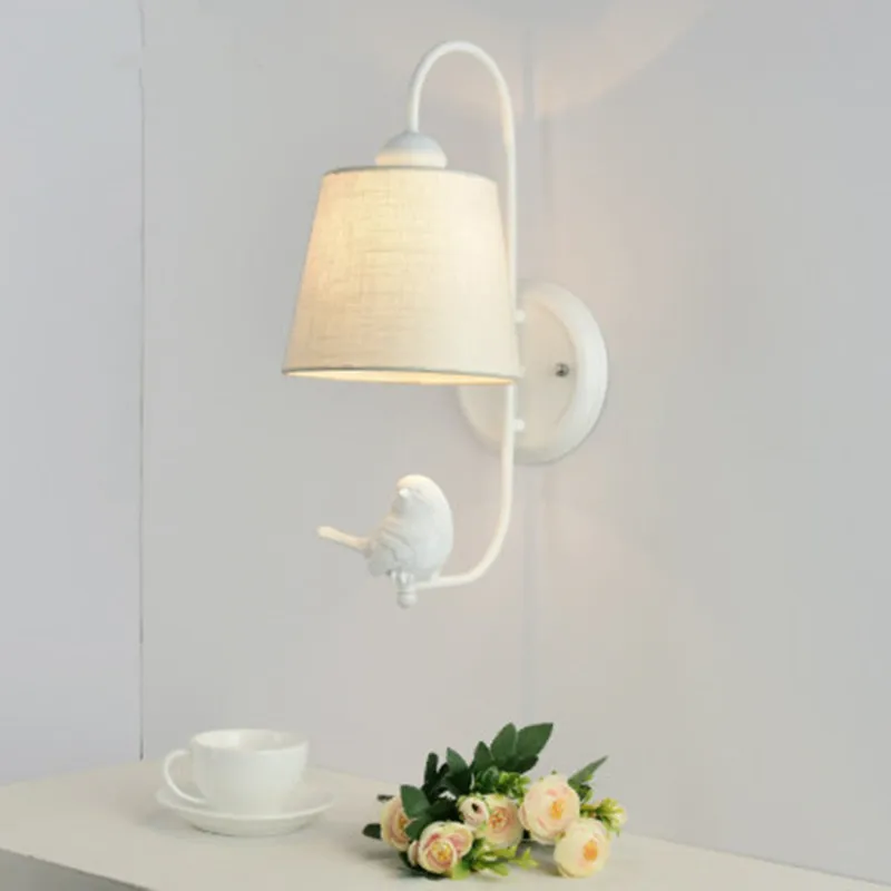 

Fabric Lampshade Wall Lamp With Bird Modern Cloth Shade Wall Mounted Bedside Light Iron Wall Sconce Room Lights