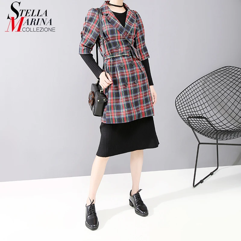 

* New Women 2019 Korean Fashion Red Plaid Trench Coat Turn Down Collar Half Sleeve Lady Stylish Slim Long Jacket Outerwear 5553