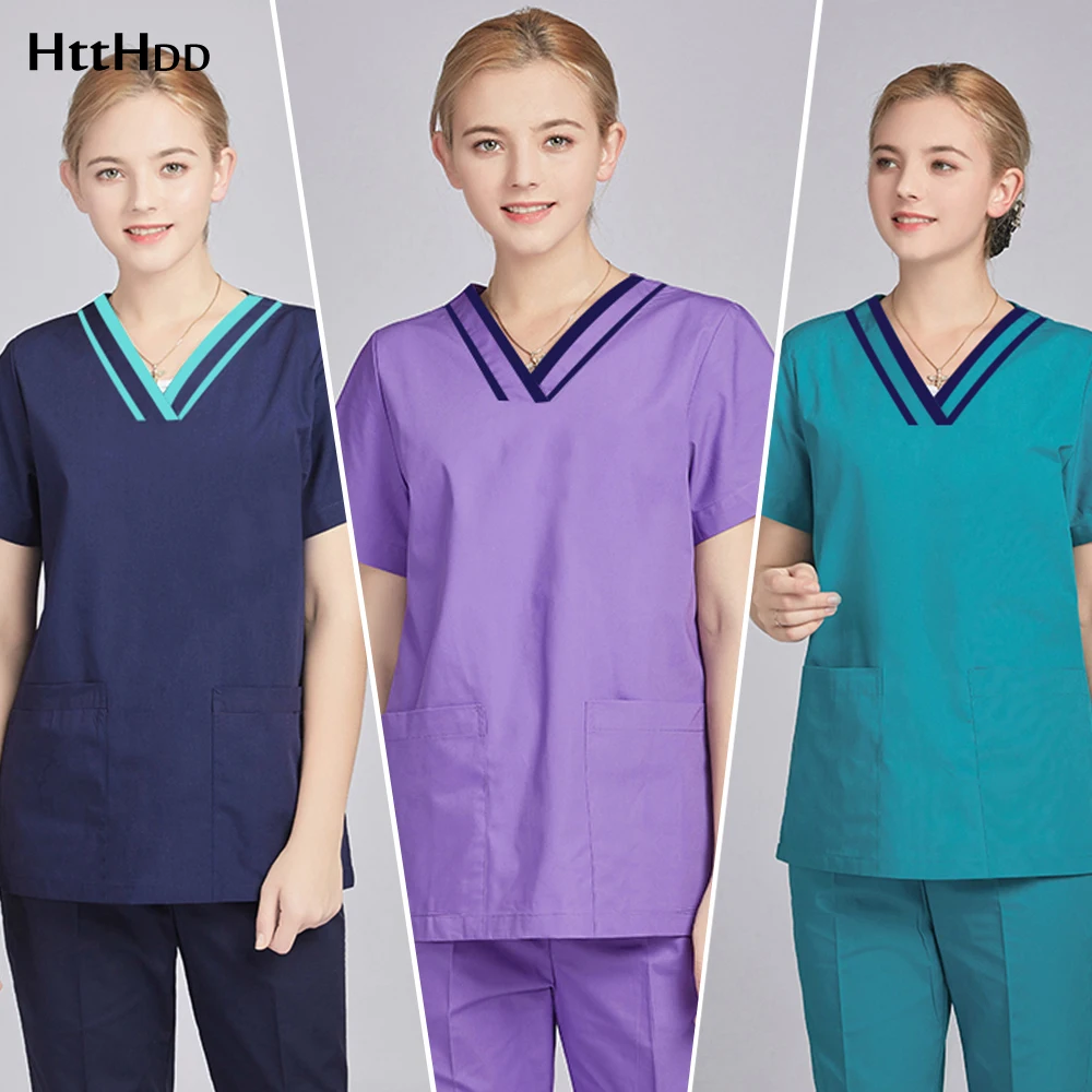 

HD42002-2High quality Scrubs tops pet grooming workwear Solid color lab pet scrubs tops/pants/set cleaning job uniforms unisex