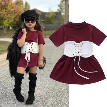 

Fashion Girls Sport Dress For Girls O-neck Kids Dress With Bandage Belt Children Summer Holiday Casual Costume For Girls 1-6Y