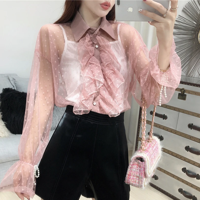 

Ruffled Trumpet Sleeve Dot Mesh Transparent Tops Feminine Thin Ultra Super Fairy Shirts Women's Sling Set Korean Fashion Blouse