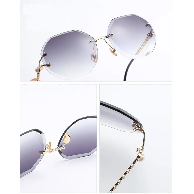 Fashion Rimless Oval Sunglasses Women Pearl Arms Metal Gradient Brown Transparent Round Glasses Elegant Eyewear Feminino