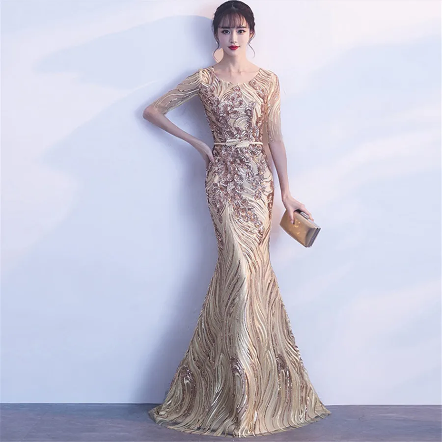 Вечерние платья в пол с блестками Robe De Soiree Новое Элегантное Вечернее Платье с круглым вырезом и коротким рукавом вечернее платье Русалка F274