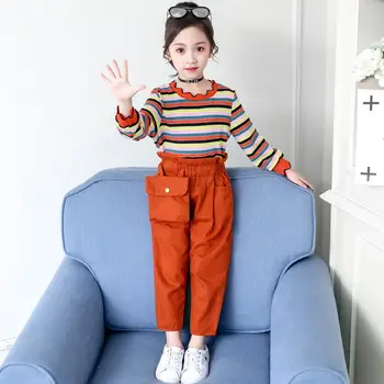 

Striped girls suit cotton new spring and autumn long sleeve children's clothing students casual two-piece kids clothes