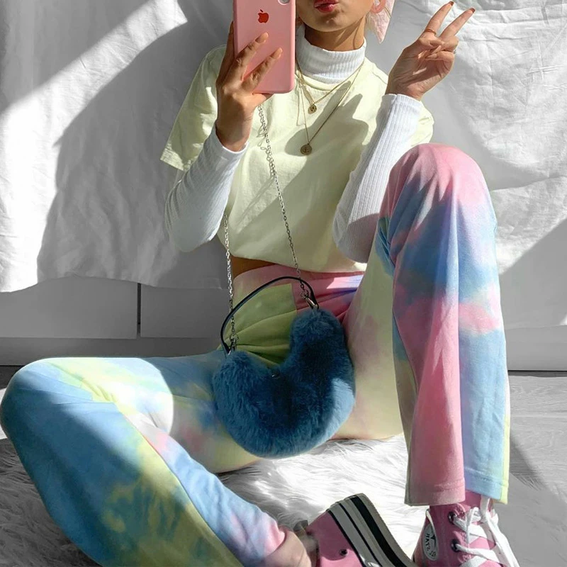 

ALLNeon E-girl Style Tie Dye High Waist Casual Long Pants Y2K Aesthetics Skinny Printing Flare Pant 90s Streetwear Autumn Trouse