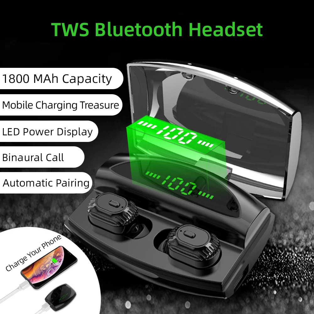 5,0 TWS Bluetooth наушники Беспроводная гарнитура Мобильная мощность мини 1800 мАч в уши 8D объемный стерео светодиодный Электрический цифровой дисплей