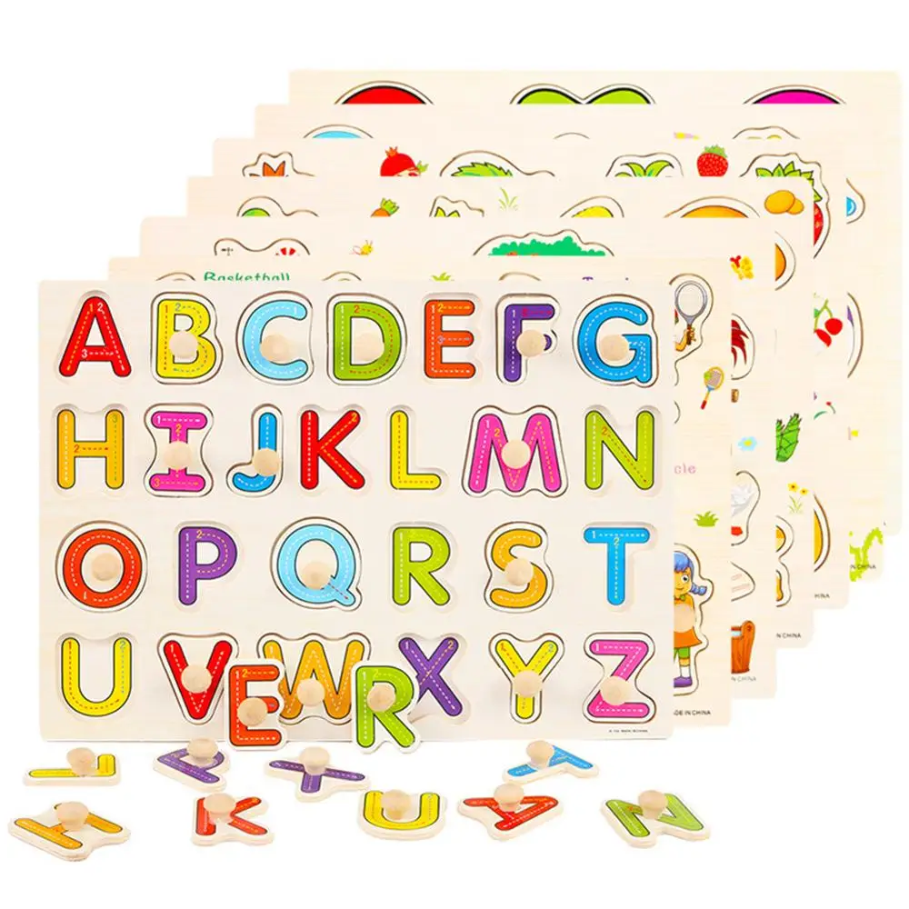 

Wooden Jigsaw Puzzles for Toddlers Alphabet/Numbers/Animals/Fruits Learning Puzzle Board Children's desktop toys