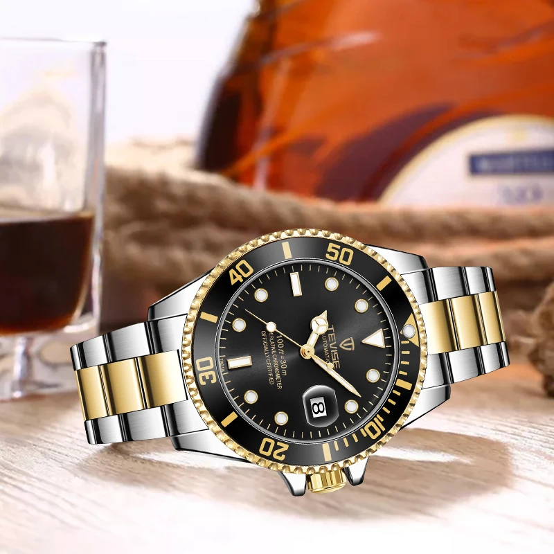 Роскошные брендовые Автоматические наручные часы, TEVISE часы из нержавеющей стали с календарем, водонепроницаемые военные мужские механические часы