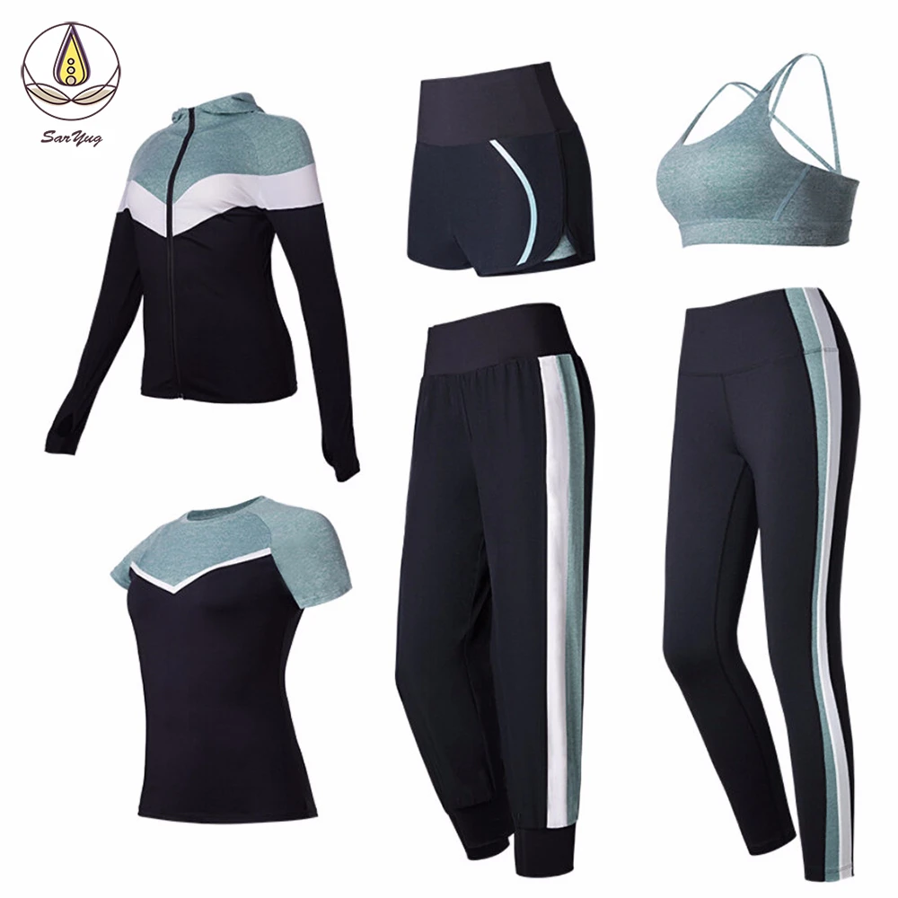 

2019 Quick Dry Women 4/5/6 Pcs Set Yoga Coats Bra T Shirt Shorts Pants Fitness Gym Sportswear Clothing Autumn Outdoor Suit Set