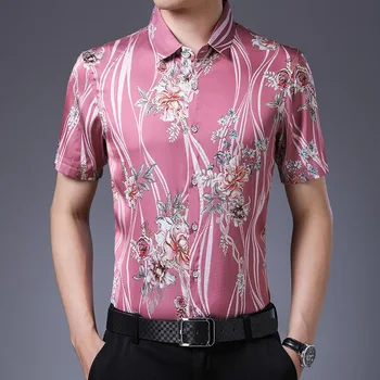 

Summer 2020 For Mens Satin Shirts Pink Flowers Printed Plus Size Clothing Fashion Mens Shirts 2020 Silk Mens Shirts Regular Fit