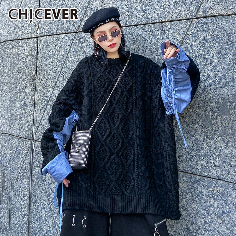 CHICEVER, винтажный женский свитер на шнуровке с бантом, с круглым вырезом, с длинным рукавом, в стиле пэчворк, хитовый цвет, вязаные пуловеры для женщин, одежда