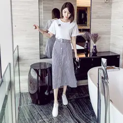 Женский костюм 2019 лето новый стиль корейский стиль свежий и сладкий футболка Топы в полоску средней длины платье из двух частей 9184