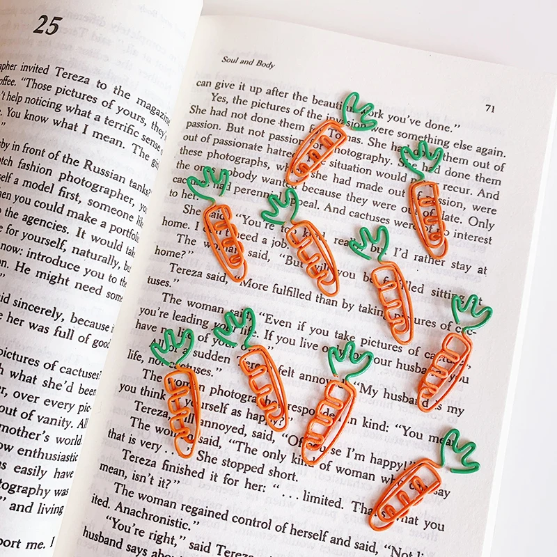 10pcs Cartoon Cute Fruit Carrot Mini Paper Clip Bookmark Memo Folder Metal Office Accessories Stationery Binder Clips