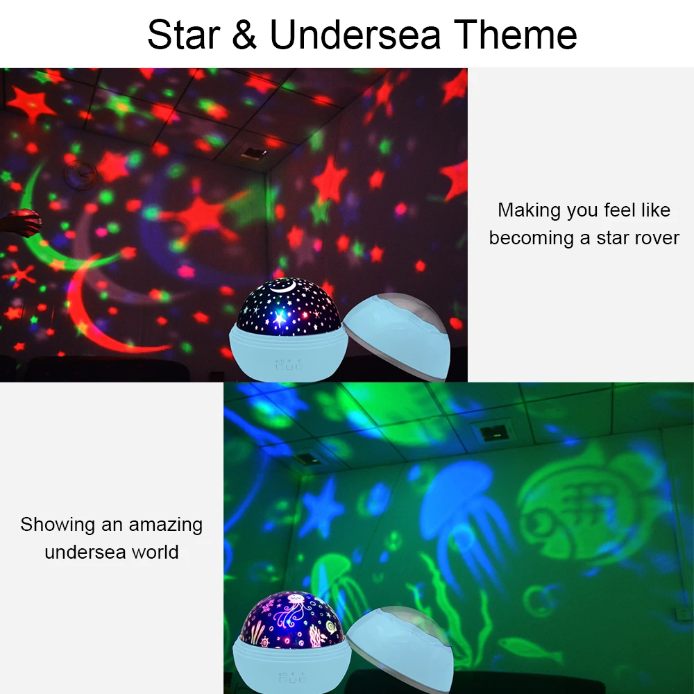 2 тематический ночной Светильник-проектор, вращающаяся на 360 ° лампа-проектор с романтической звездой в форме звезды и подводного моря