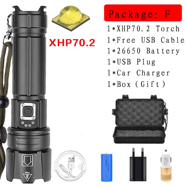 Brightest XHP90 Rechargeable LED Flashlight Powerful XHP70.2 Torch Super Waterproof Zoom Hunting Light Use 18650 or 26650 Battey - Испускаемый цвет: Package F-XHP70.2