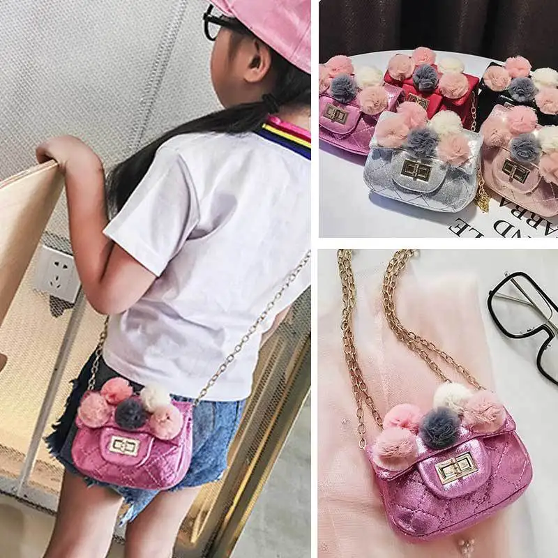 

New Style Korean-style Fashion Rhombus Graceful Bright Surface Flower Furry Ball Chain Little Girl CHILDREN'S Bag Shoulder Bag W