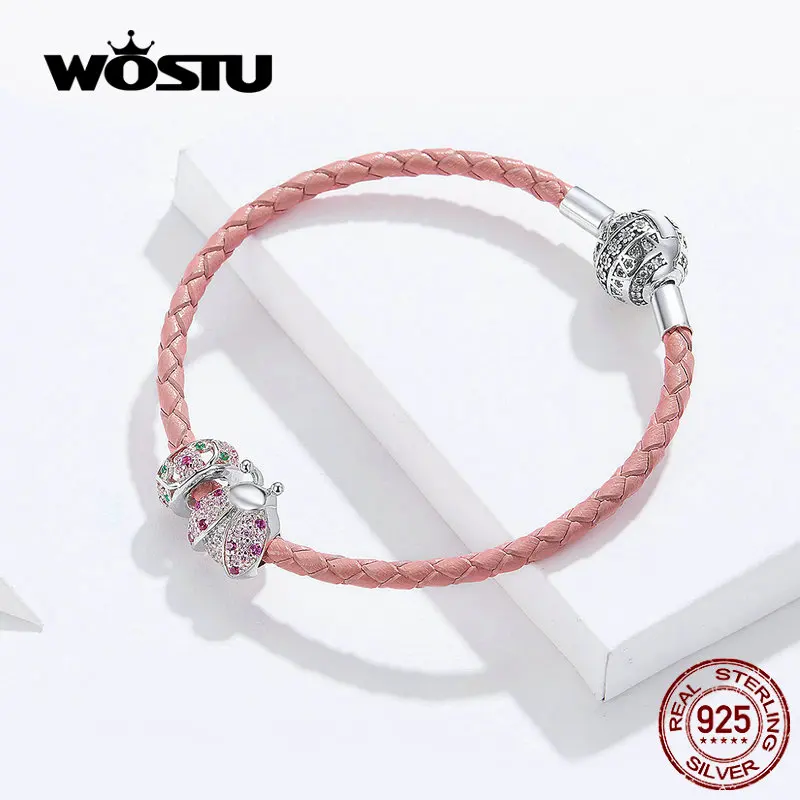 WOSTU, натуральная 925 пробы, серебро, красный, божья коровка, браслеты с подвесками и браслет для женщин, милые бусины «божья коровка», ювелирное изделие, подарок BKB823