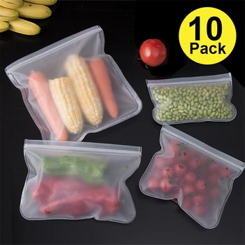 

10pcs Silicone Food Storage Bag Containers Leakproof Reusable Freezer Bags Kitchen Organizer Pouch Stand Up Fresh Bag