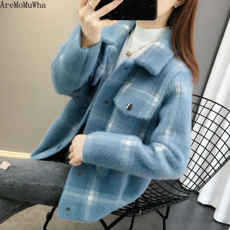 

AreMoMuWha Imitation Velvet Short Coat Female 2019 Autumn and Winter New Loose Net Red Plaid Cardigan Sweater Short SweaterMH495