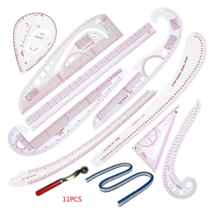 11pcs set Французский кривой швейный набор швейная линейка многофункциональные швейные инструменты режущая линейка образец одежды Метрическая метровая ручка - Цвет: 11pcs set