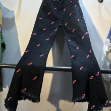 Black Jeans Woman New Love Embroidered High Waist Slim Nine Points Ripped Flare Jeans Denim Pants Trousers Femme Autumn