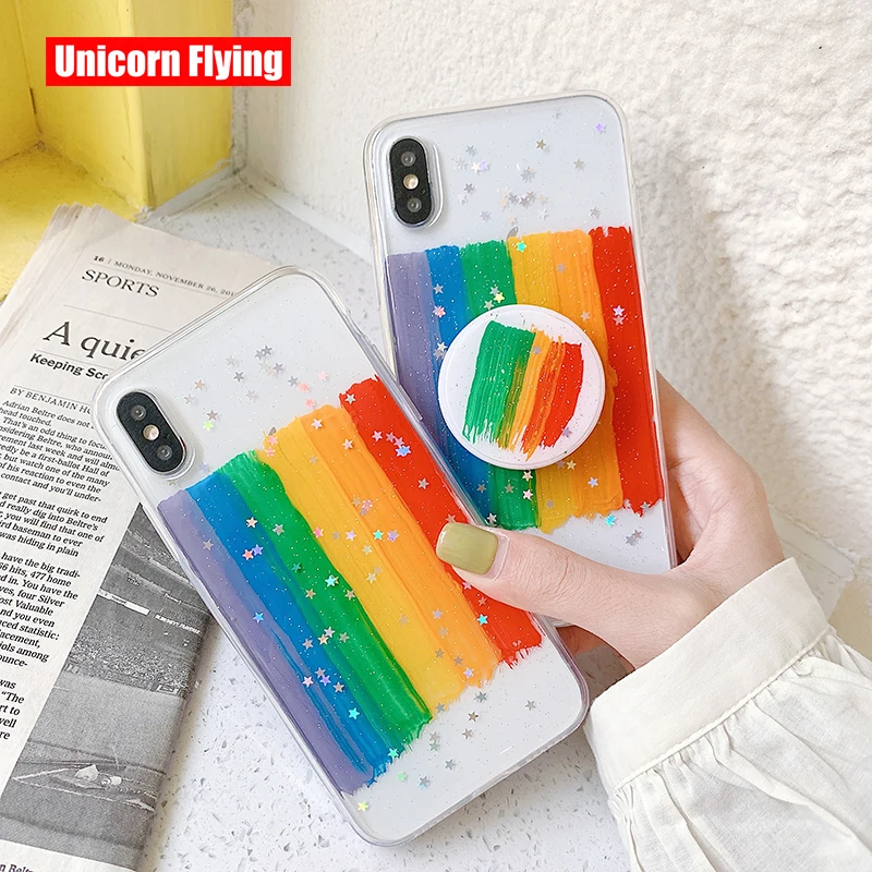 

LinXiang Glitter Star Rainbow Watercolor Clear Kickstand Phone Case Back Cover For iphone 6 6s 7 8 Plus X XS Max XR