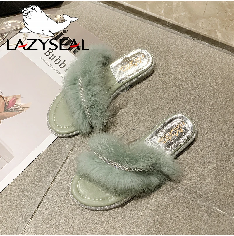 LazySeal/шикарная обувь для ювелирных изделий; женские тапочки из натурального меха; домашние теплые пушистые тапочки на плоской подошве; женские шлепанцы; вьетнамки