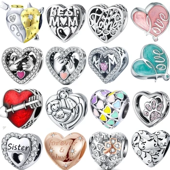 

Bisaer 925 Sterling Silver Clearly CZ Love Heart Charms Beads Fit Original Design Bracelets DIY Jewelry Making For Women