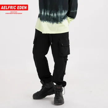 

Aelfric Eden Vintage Solid Patchwork Pockets Trousers Men Hip Hop Casual Ribbons Cargo Pants Joggers Oversized Streetwear Black