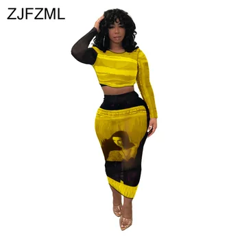 

Character Print Sexy Two Piece Skirt Set Women Clothes O-Neck Long Sleeve Crop Top + Bandage Long Skirts Plus Size Club Outfits