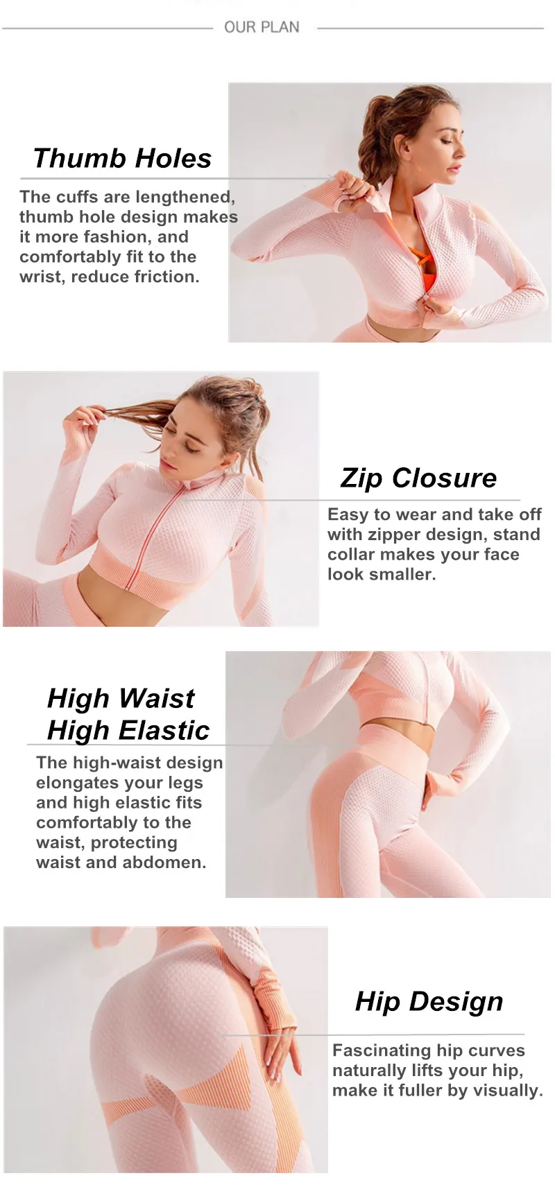 Seamless Gym Leggings Set Features: 1.Lengthened thumb hole design 2.Zipper design for easy wear and put off which make your face look smaller and cuter, 3.High waist high elastic design 4.Well design hip curvatures to lift up your hip, making yours look fuller . 5.Made off cotton blend