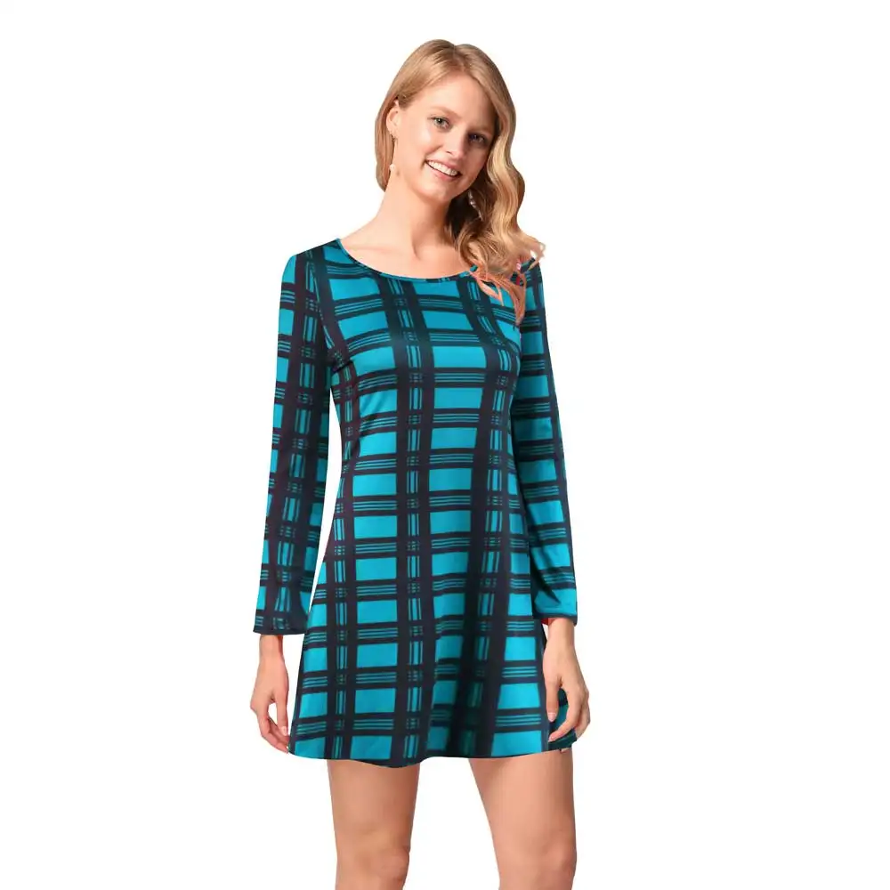 

Gorgeous Cyan Women Clothing Plaid Striped Dress Sexy Mini Short And Tight Long Sleeved Women's Costumes Autumn And Winter Dress