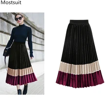 Длинные полосатые юбки для женщин; сезон осень-весна; плиссированная юбка с высокой талией в винтажном Корейском стиле; ; Новое поступление