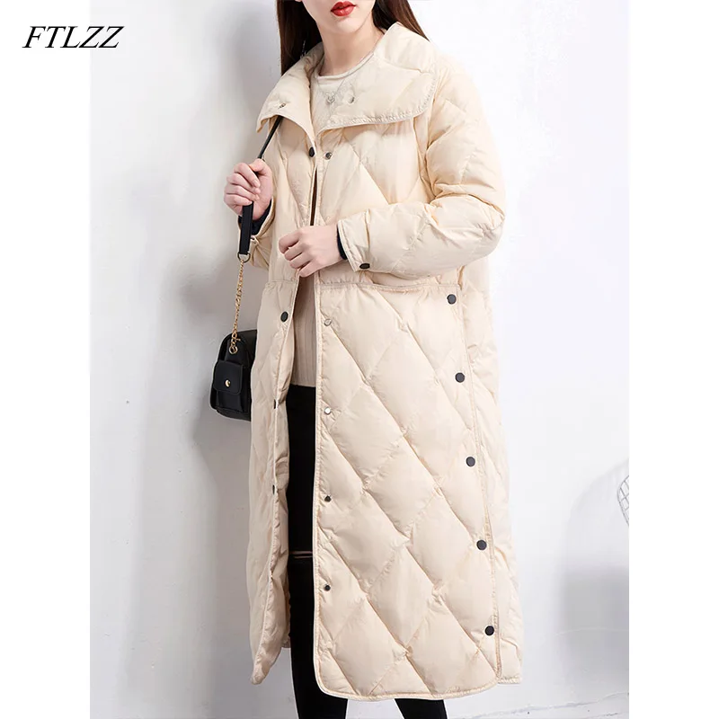 Kopen FTLZZ Nieuwe Winter Stand Kraag Lange Witte Eend Donsjack Vrouwen Enkele Breasted Parka Khaki Zwart Down Sneeuw Overjas