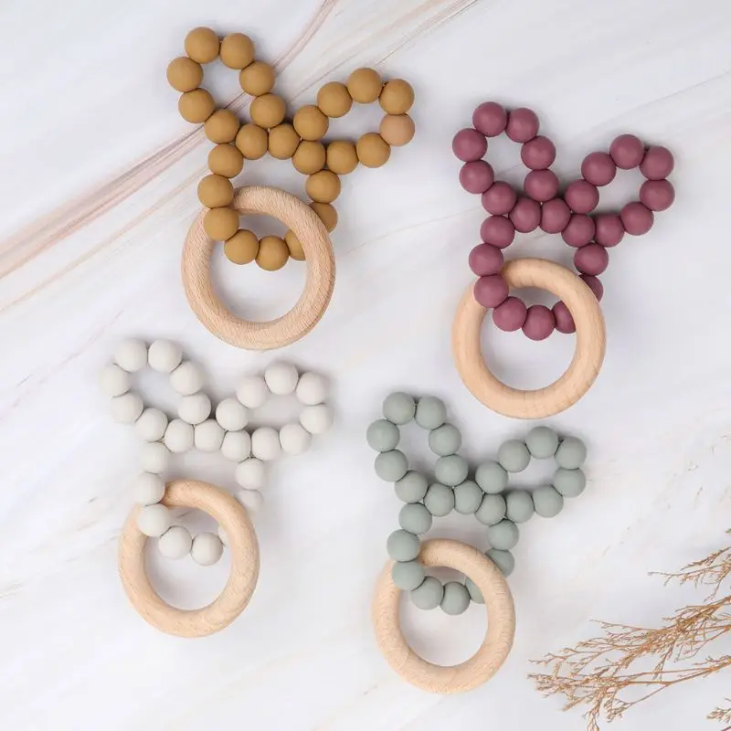 Baby Bunny Ear безопасный Прорезыватель для зубов органический Деревянный& BPA-Free Силиконовые бусы для прорезывания зубов игрушка для душа подарок