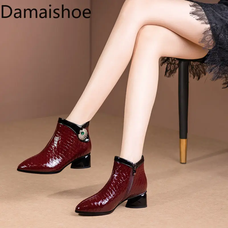 Botas cortas de para mujer, Botines de tacón medio Burdeos con tacones gruesos, otoño e invierno, 2021 - AliExpress Calzado