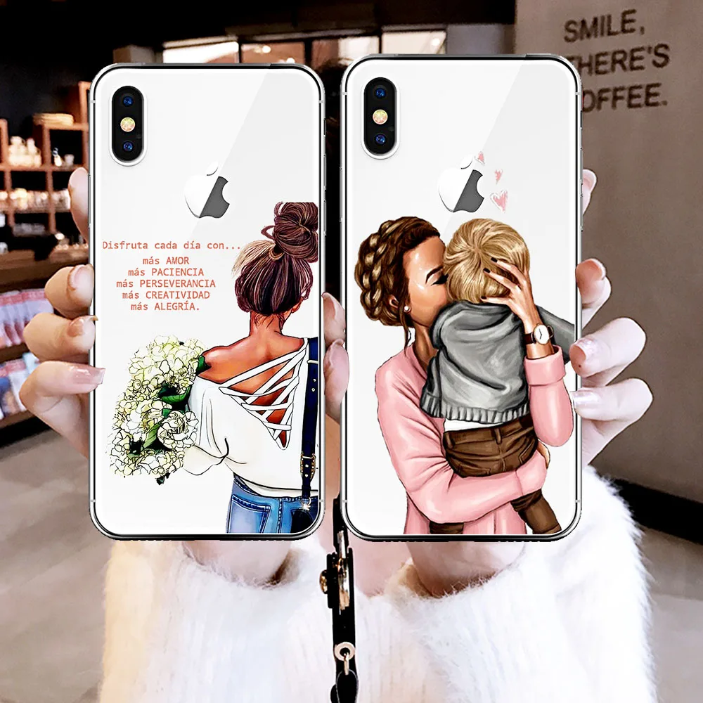 

Silicone Phone Black Case For iPhone XR 10 11 Pro max 8 7 6 6S Plus X XS Max 5 5S SE Black Brown Hair Baby Mom Girl Case