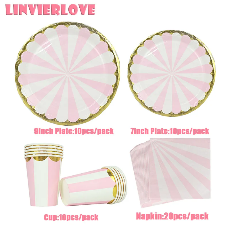 

LINVIERLOVE Pink Stripe Disposable Tableware For Happy Birthday Wedding Golden Rim Paper Cup Plate Napkins Party Decor Supplies