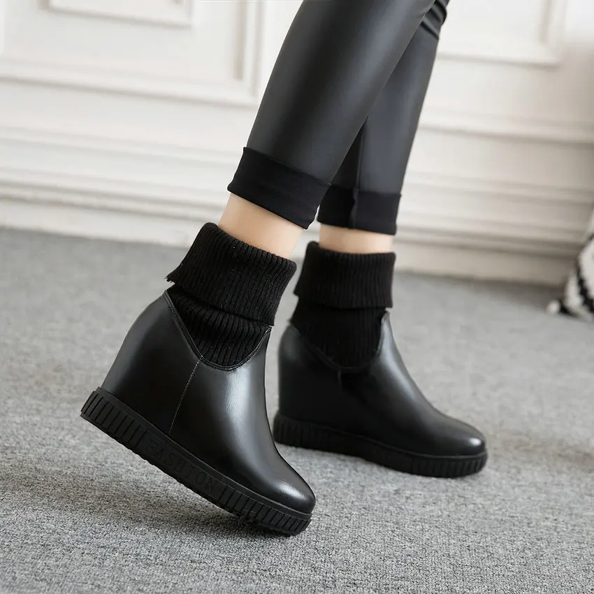 QUTAA Fashion Platform PU Leather Knitting Height Increasing Slip on Ankle Boots Round Toe Warm Fur Women Shoes Size 34-43