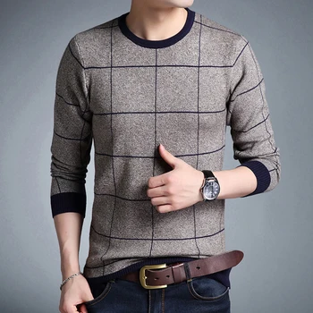 

Casual Men's Sweater O-Neck Grid Slim Fit Knittwear Thick 2019 Autumn Mens Sweaters Pullovers Pullover Men Pull Homme M-3XL SW16