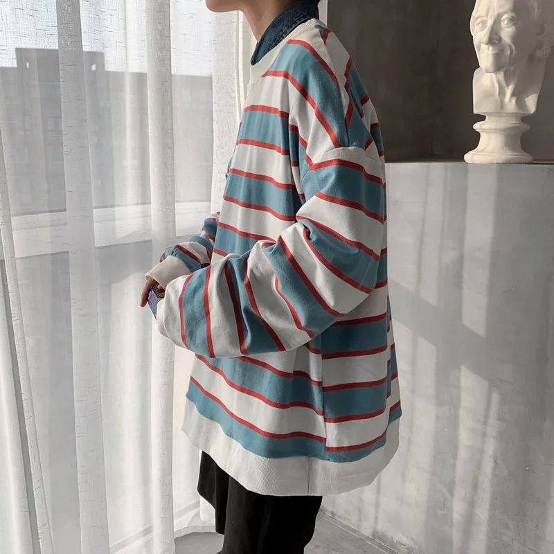 

2019 Winter New Men's Korean Version Of The Youth Round Neck Color Matching Loose Long Sleeves Set Bottoming Casual T-shirt