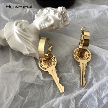 HUANZHI 2020 New Punk Gold Metal key Drop Earrings Geometric Round Big Circel Earrings For Women Girls Party Jewelry Gifts