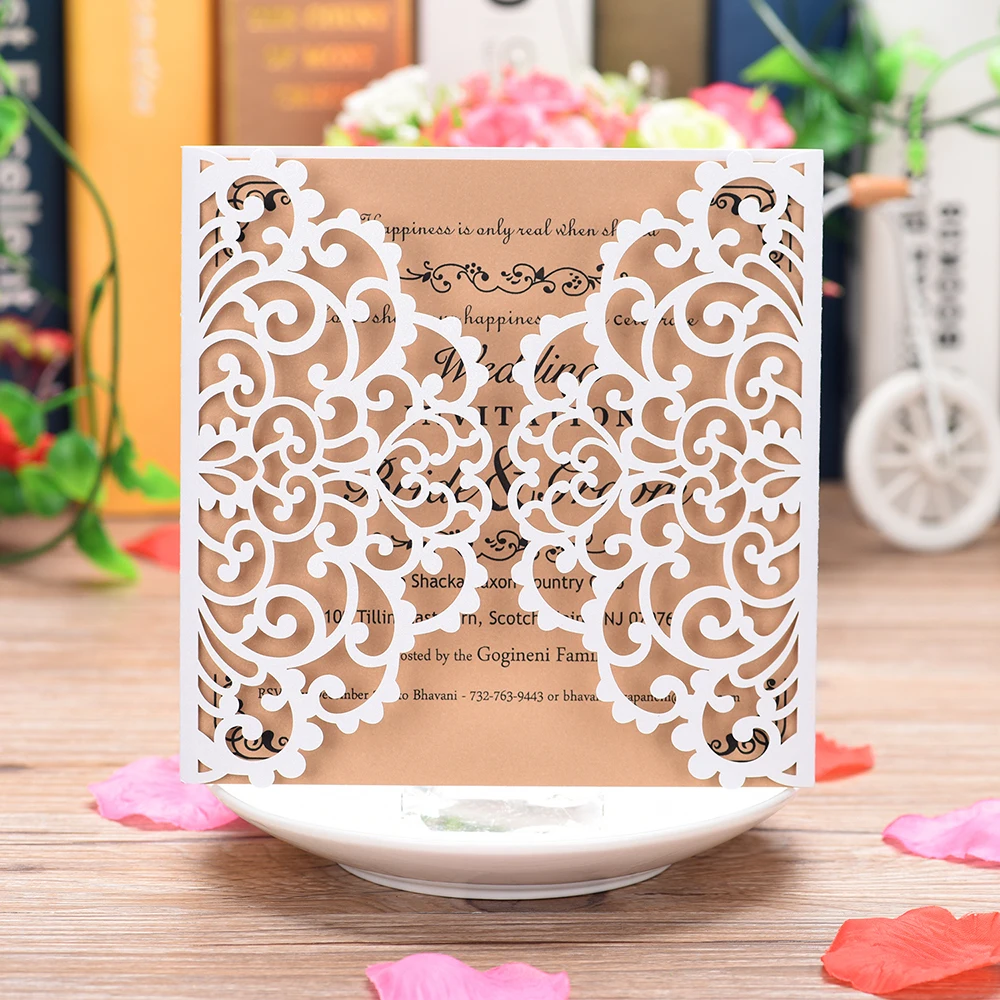  10pcs Pearl Paper Wedding Invitation Hollow Floral Invitation Holders with Blank Inner Sheet Weddin - 4000056309848