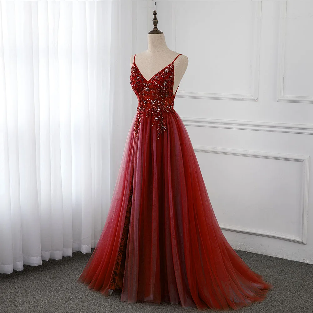 Sweet Wine Red Crystal Long Prom Dresses 2020 Straps Spaghetti Tulle Evening Gown Slit Right YQLNNE