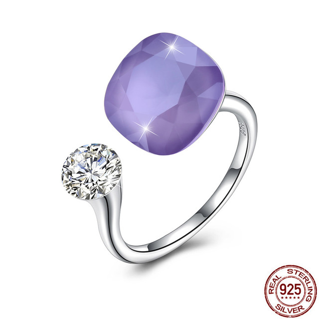 Authentic 925 Sterling Silver Engagement Cubic Zirconia Ring For Women Colorful Square Crystal Open Rings Fine Jewelry