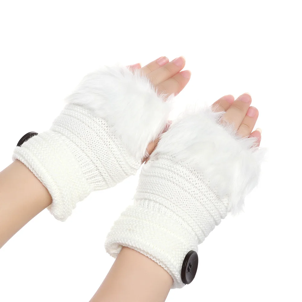 1 пара, модные женские вязаные перчатки с искусственным кроличьим мехом, вязаные перчатки без пальцев, вязаные варежки, теплые зимние осенние перчатки - Цвет: 1