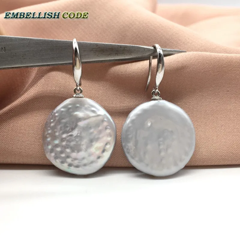 

light grey flat baroque keshi pearl hook dangle earrings buttons coin shape larger Flawless natural pearls 925 silver for women
