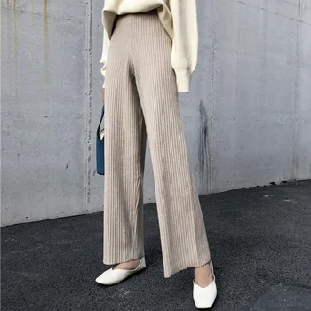 

Mazefeng New 2020 Autumn Winter Women Pants Wide Leg High Waist Elastic Waist Casual Woolen Knitting Ladies Female Pants
