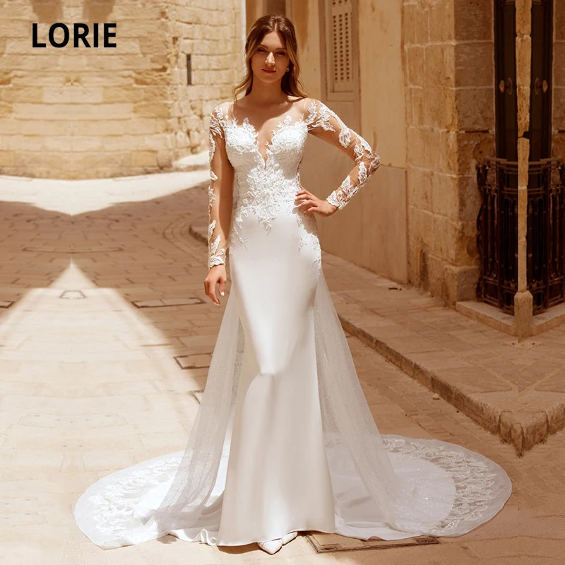 Lorie Abiti Da Sposa Glitterati Boho Sirena O-Collo Pizzo Maniche Lunghe Chiffon Elasticizzato Abito Da Sposa Bianco Country Suknia Lrlgbt Na